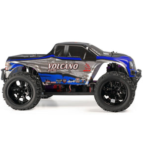 Black and blue electric monster truck with large off-road tires for RedCAT VOLCANOEP-94111-BS-24, front view