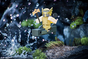 Action figure warrior leaps over rocks amidst splashing water for UCC 01510