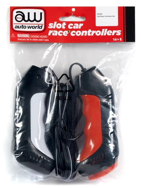 Two black and red slot car race controllers with attached wires for Auto World RS290