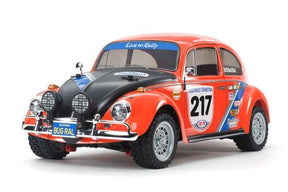 Red and black VW Beetle rally model car with racing decals for Tamiya Models 58650-A