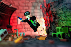 Action figure agent leaps with guns in a ruined, dramatic setting for UCC 38455