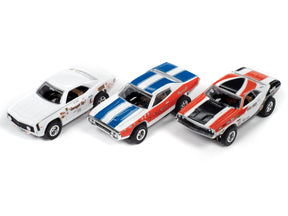 Three slot car race cars: white, blue/white, and red/white for ZZAutoworldexpired SC351