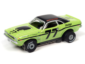Green slot car of a classic Dodge Challenger race car for Auto World SC357