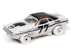 White Dodge Challenger slot car toy with black racing stripes for Auto World SC357