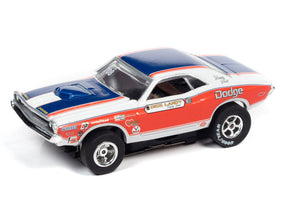 Blue and red slot car of a classic Dodge race car for Auto World SC361