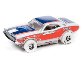 Red and blue slot car of a Dodge, viewed from the side for 3 Cars SC361