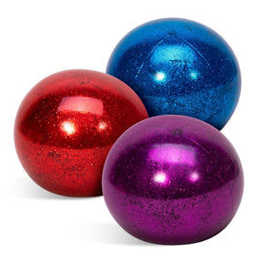 Three colorful, glittery, spherical craft balls: red, blue, and purple for Schylling SDSB