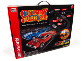 Red and blue race car slot car set in a box for Auto World SRS335