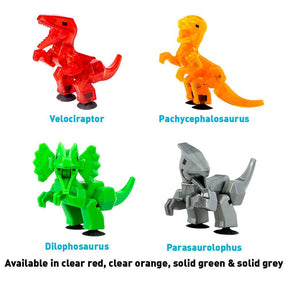 Dinosaur toys: Velociraptor, Pachycephalosaurus, Dilophosaurus, and Parasaurolophus in various colors for Zing 90644