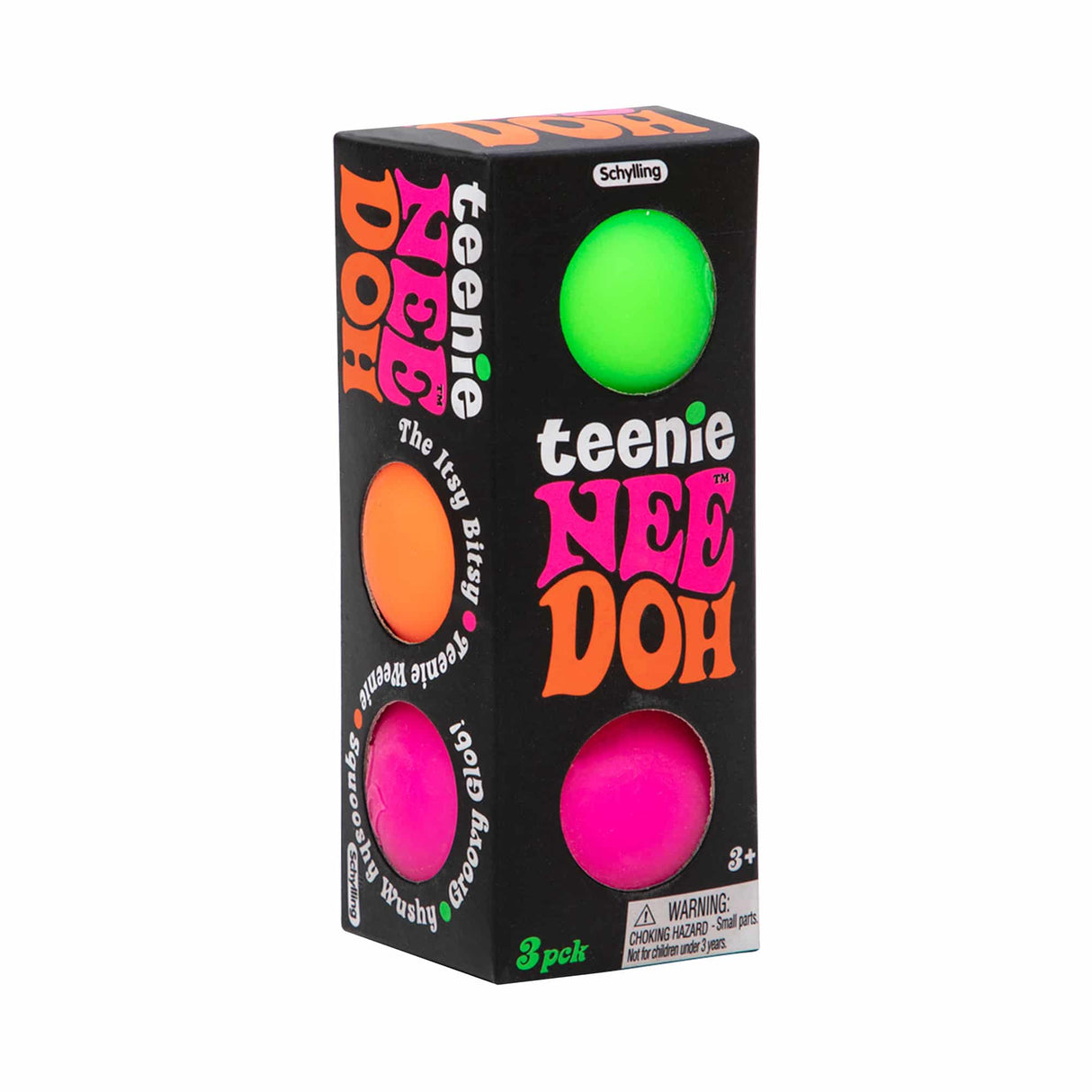 Three-pack of colorful, squishy sensory toys in a black box for Schylling TND