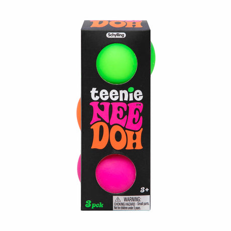 Toy packaging showing three colorful, round squishy toys for Schylling TND