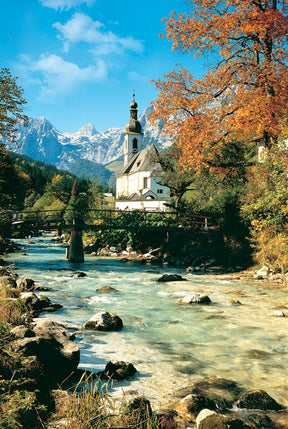 Church by a rushing river with autumn foliage and mountains in the background for Tomax TOM100-127