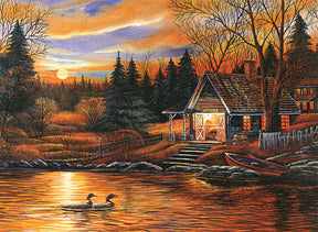 Sunset over a rustic cabin by a calm, glowing river with ducks swimming for Tomax TOM50-038