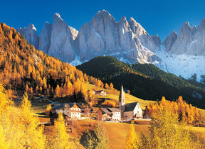 Alpine village nestled in golden autumn woods beneath towering Dolomite peaks for Tomax TOM50-054