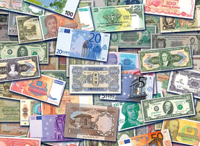 Assortment of world currency notes, showing diverse designs and denominations for Tomax TOM50-111