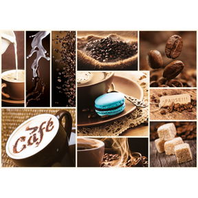 Coffee elements collage: latte art, cocoa, beans, macaron, and sugar cubes for Trefl TRF10359