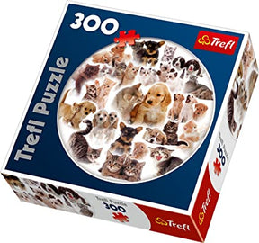 Puzzle box showing many cute dogs and cats assembled into a circle for Trefl TRF39008