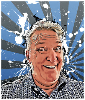 Smiling man with white hair against a blue and white striped background