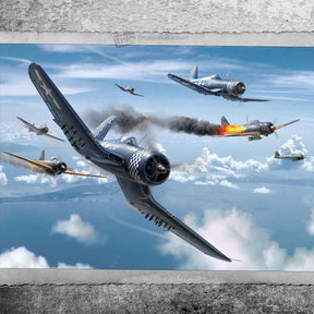 Corsair fighter planes fly in formation over blue sky, Okinawa, 1945 for Waltersons 873011A