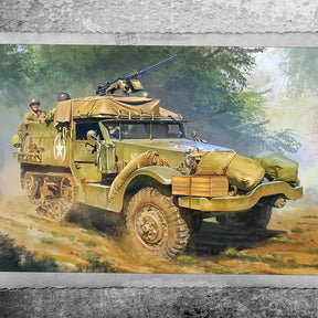 U.S. M3A1 Half-Track vehicle moving through a dusty, wooded area for Waltersons 873007A