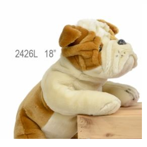 Stuffed brown bulldog toy, 18 inches long, sitting on a wooden block for Unipak 2426L