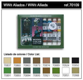 Vallejo WWII Allies model paint set with color swatch guide for 70109, front view