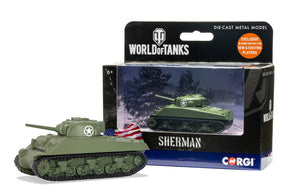 Die-cast Sherman tank model with box packaging for Corgi WT91202