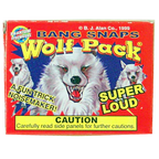 Box art for Bang Snaps Wolf Pack fireworks, featuring a snarling wolf graphic for Phantom Fireworks I-007