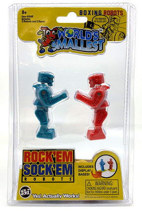 Two small, articulated robot toys in blue and red, packaged for play for Super Impulse 540