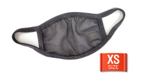 Black disposable face mask with attached red "XS" size tag for Fake Mask USA