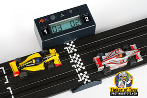 Race track with digital lap counter and two toy race cars for AFX/Racemasters 21002