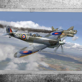 Two Spitfire fighters fly in formation over a landscape, WWII era for Waltersons 873009A