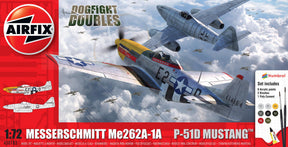 Model kit box art: Me262 and P-51D Mustang dogfight scene for Airfix A50183