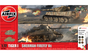 Scale model kit box art: Tiger I vs Sherman Firefly tanks in action for Airfix A50186