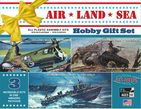 Assortment of air, land, and sea model kits for building and display for Atlantis Model Co ALM9001