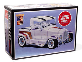 White classic pickup truck model kit box art featuring a vintage car for AMT AMT1330