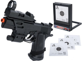 Airsoft pistol with laser and red dot, packaged with target sheets for Evike AP-SA-18366