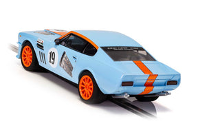 Blue race car model, Aston Martin V8, Gulf livery, number 19 for Scalextric C4209
