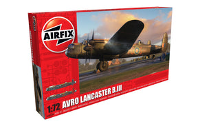 Model kit box art featuring a 1/72 scale Avro Lancaster B.III bomber for Airfix A08013A