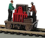 Toy train car with two figures and red loading mechanism on tracks for Bachmann 46223