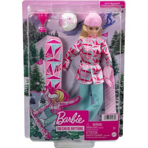 Blonde doll in winter gear with snowboard and accessories for Mattel HCN30