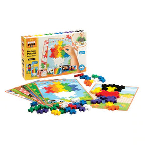 Colorful puzzle box with assembled and loose puzzle pieces for children for Plus Plus 03269