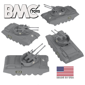 Gray toy anti-aircraft tanks, unassembled, with "USA" marking for BMC 48545