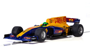 Blue and yellow race car model with four black wheels on a white background for Scalextric C3960
