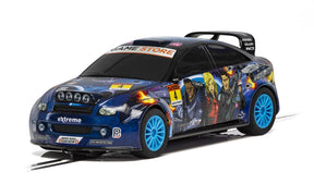 Blue slot car featuring anime characters, representing Team Rally Space for Scalextric 1/32 Slot Cars C3962, front view