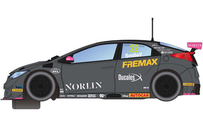 Black race car model, Honda Civic Type R BTCC 2018, featuring sponsor decals for Scalextric C4015