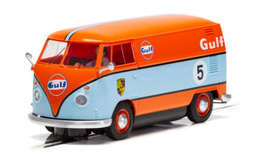 Orange and blue Gulf-liveried Volkswagen panel van model car for Scalextric C4060, front view