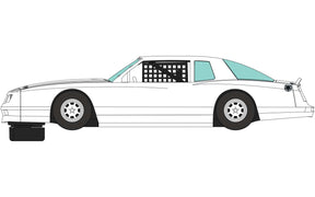White 1986 Chevrolet Monte Carlo model car viewed from the side for Scalextric C4072, front view