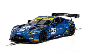 Blue Aston Martin GT3 race car model with black spoiler and wheels for Scalextric C4076