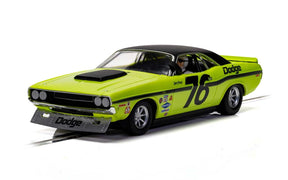 Green slot car of a Dodge Challenger with "Sam Posey 76" decals for Scalextric C4164